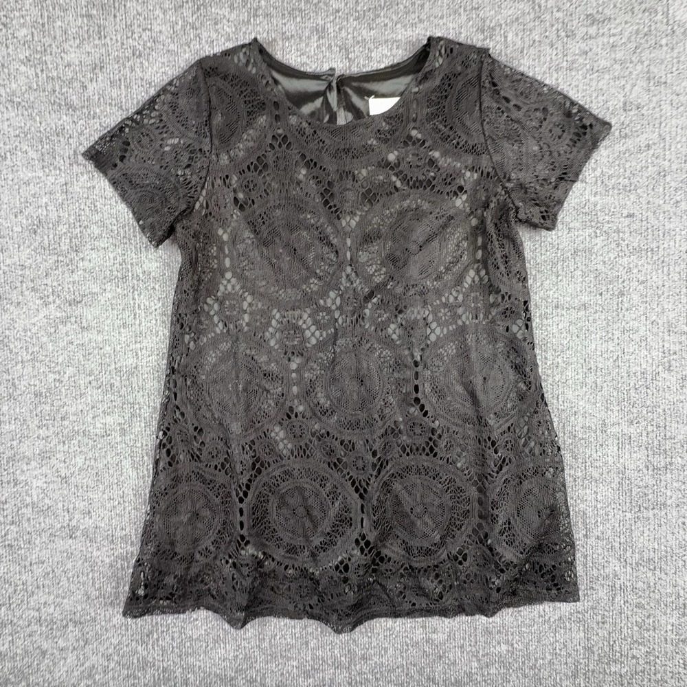 Y2k Style Blouse Womens Large Black Lace Crochet Short Sleeve Lined Geometric